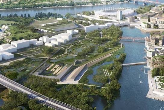 Látványterv: a Déli Városkapu fejlesztési terület madártávlatból, parkokkal, épülettömbökkel és az Atlétikai Stadionnal