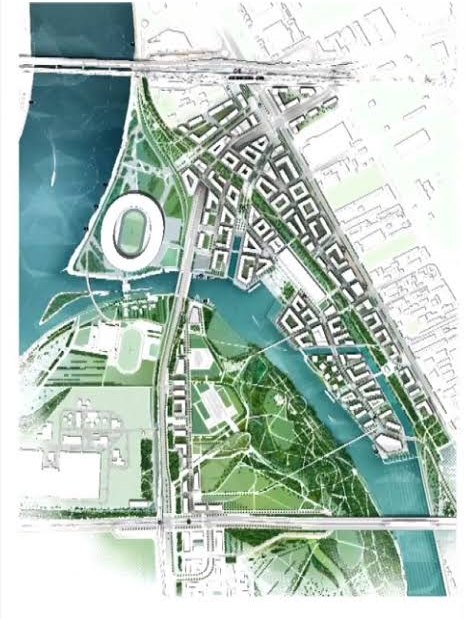 A Déli Városkapu mesterterve: a Duna-part, az Atlétikai Stadion, a Ráckevei-Duna-ág és a tervezett épülettömbök felülnézetből