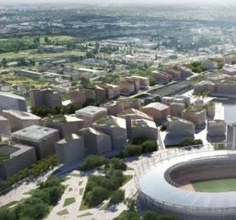 Látványterv: kollégiumi és lakóépület-tömbök a Nemzeti Atlétikai Központ mellett